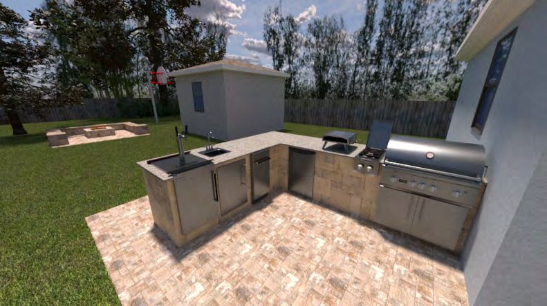 3D rendering showing pool deck paver layout and landscaping plan