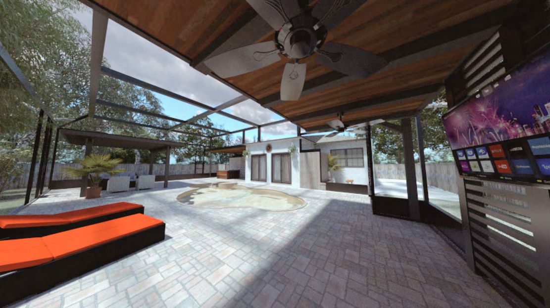 Conceptual 3D rendering of pergola with outdoor living features