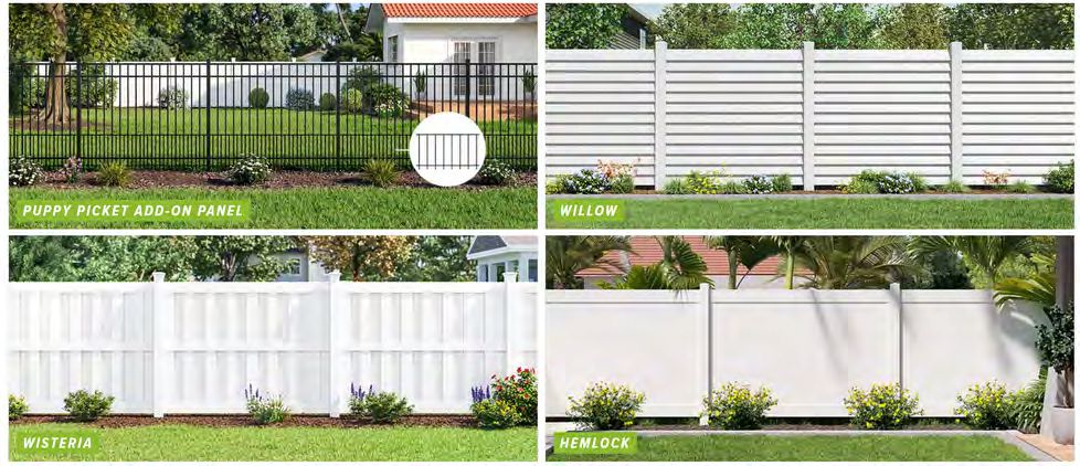 White vinyl fence with privacy panels mimicking wood look