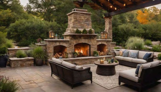 Custom stone outdoor fireplace as backyard focal point