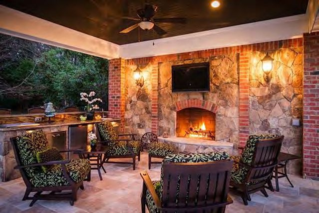 Outdoor fireplace creating gathering spot for family and friends