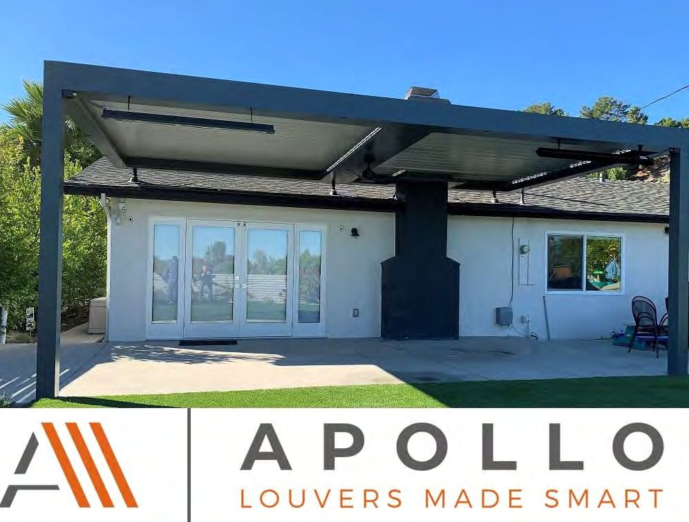 Motorized louvered roof with adjustable blades for patio shade control