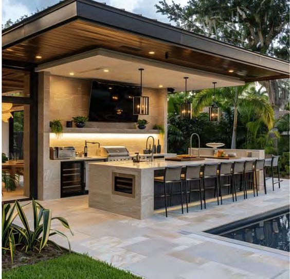 Outdoor kitchen with stone base and pergola covering