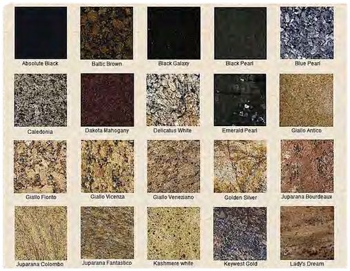 Granite sample swatches showing natural stone patterns and colors