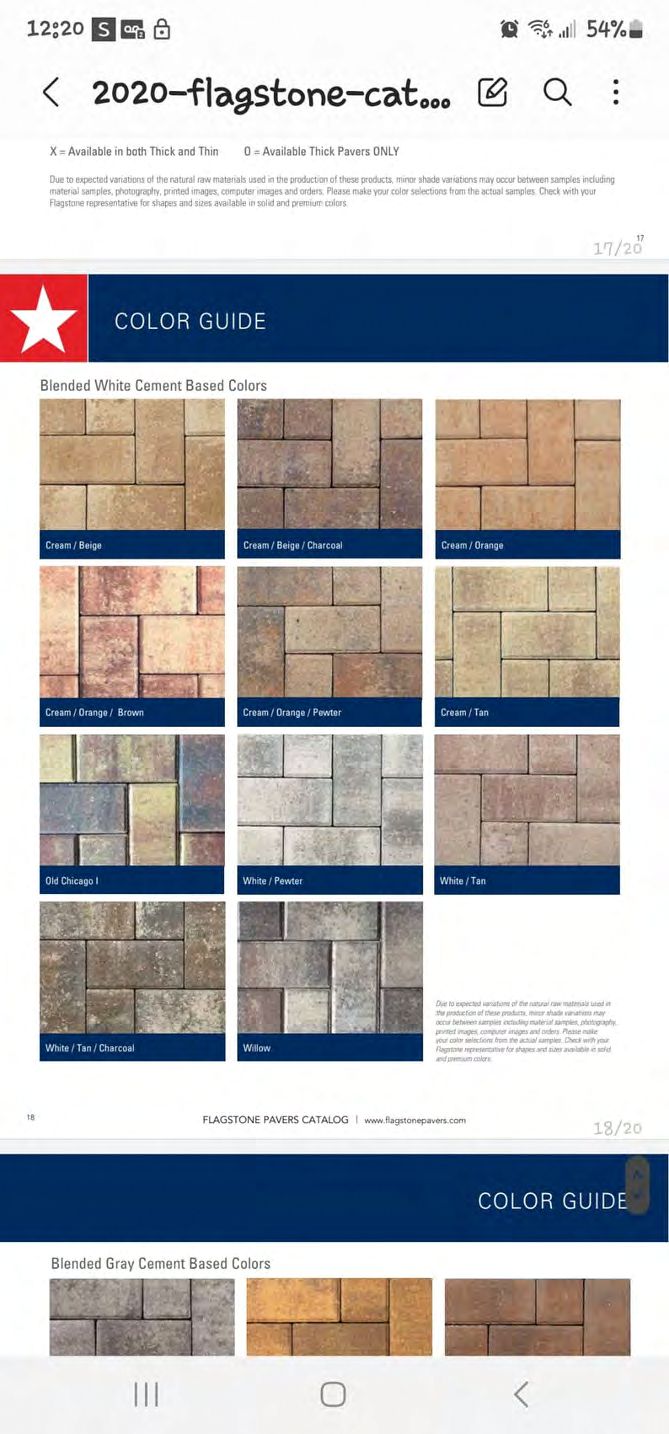 Paver color selection chart showing cool gray and neutral options