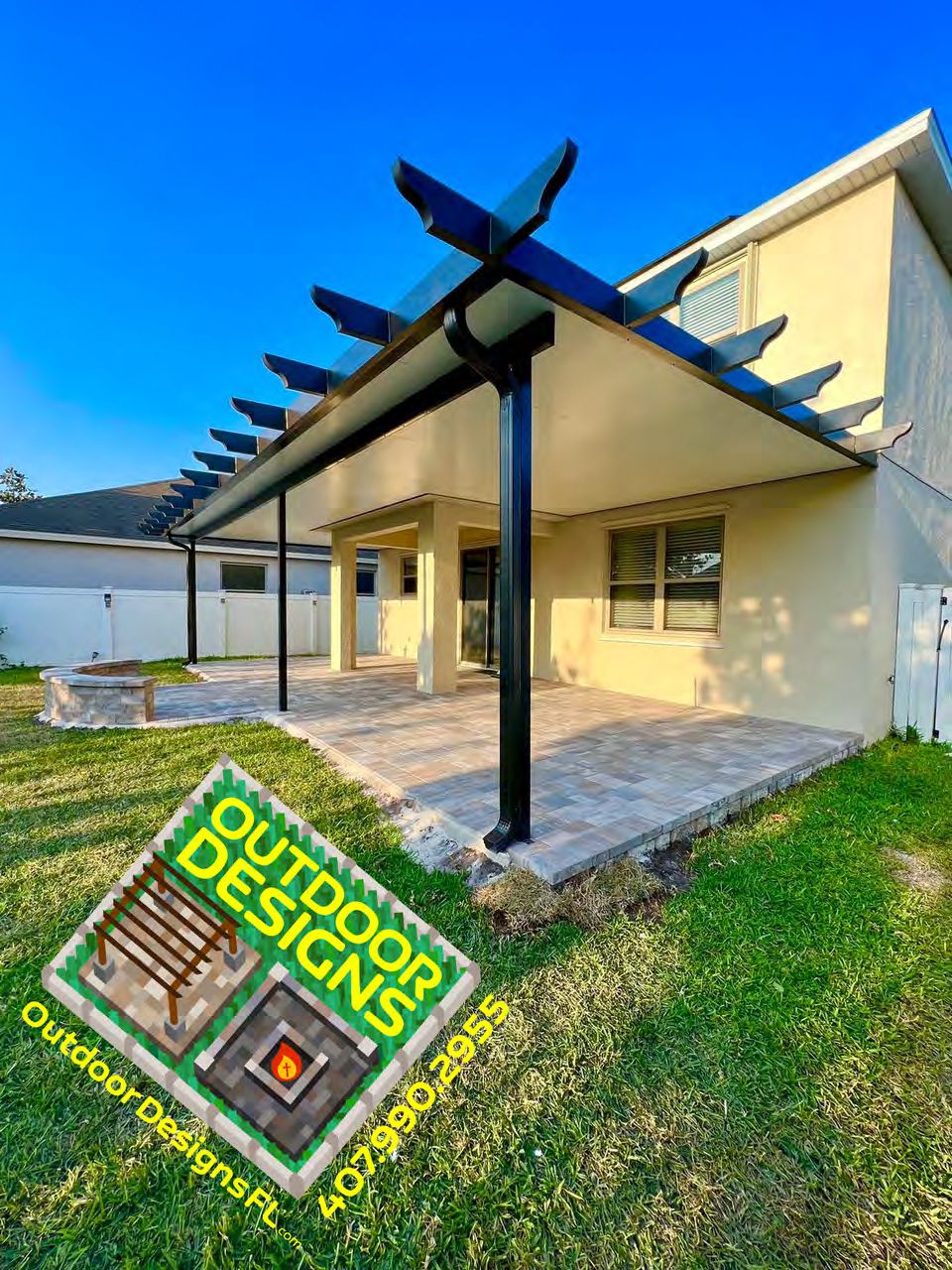 Freestanding pergola with covered roof for outdoor entertaining
