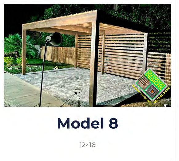 Pergola with accent wall and decorative panel combination