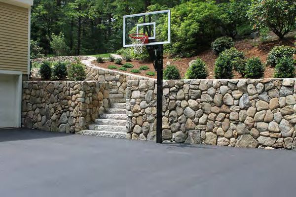 Multi-level retaining wall creating flat patio and garden areas
