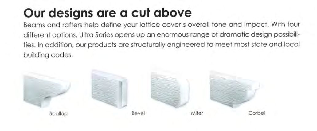 Scalloped edge detail options for pergola beams including scallop bevel miter and corbel styles