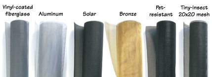 Screen mesh options including fiberglass aluminum solar and pet-resistant types